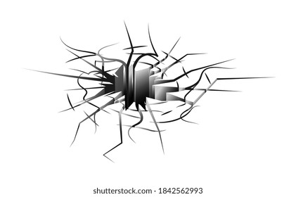 Vector ground gaping impact hole crater with crack on white