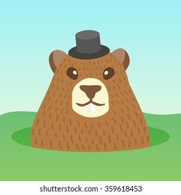 Vector ground hog day holidays. Ground hog character cartoon. Ground hog funny cute design card. Ground hog template invitations.