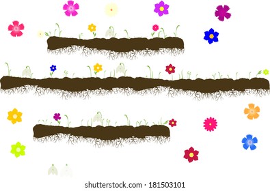 Vector With Ground With Roots,growing Grass With Flowers-snowdrops,carnations,forget-me-nots,gerbera,asters Isolated On A White Background.Top Menu