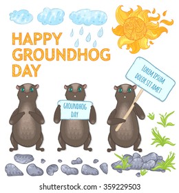 Vector Groundhog Day Illustration Set. Illustration set with three groundhogs with tablets, sun, clouds, grass and stones. Cute groundhogs, doodle style on white background.