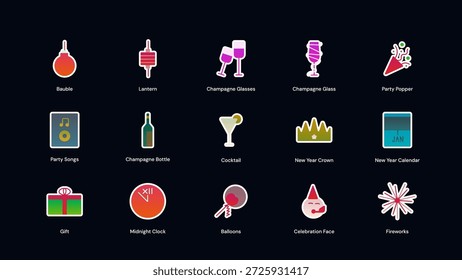 Vector group of 15 flat sticker style gradient icons celebrating the New Year. Icons include Celebration Face, Fireworks, Champagne Glasses, Champagne Bottle, Party Songs, New Year Calendar, Midnight Clock, Party Popper, New Year Crown, Lantern, Balloons, Bauble, Cocktail, Gift.