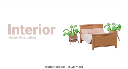 Vector group of 3D objects for bedroom interior concepts. Double bed