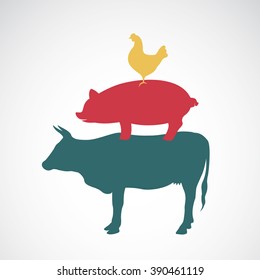 Vector Group Of Animal Farm Label - Cow,pig,chicken