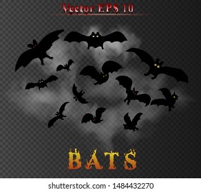 Vector group of bats behind the smoke clouds isolated on the dark transpatent background. Vampire flying creatures associated with Halloween holiday.