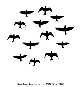 Vector group of birds flying together. Migratory bird colony. Isolated on a white background