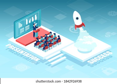 Vector of a group of business people listening to startup presentation, financial report