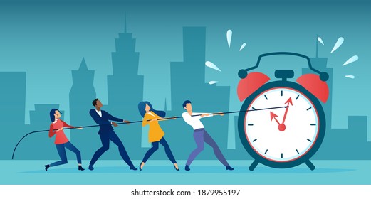 Vector of a group of business people pulling clock hands on a rope. Time management deadline concept 