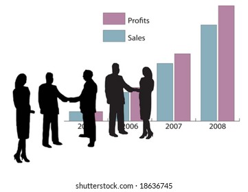 A vector group of business people in silhouette shaking hands in front of a graph showing year on year increasing growth and sales.