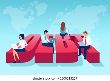 Vector of a group of business people working on laptop computers sitting on a word debt