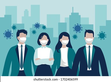Vector group of business workers or enterpreneurs wearing protective face masks standing in front of office buildings surrounded by virus cells - coronavirus pandemic influencing business