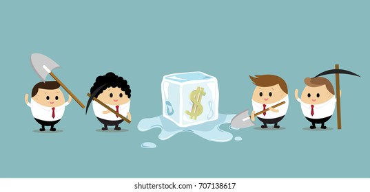 Vector group of businessman try to break the frozen dollar
