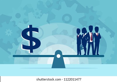 Vector of group of businesspeople human resources or money on the scale. Business concept 