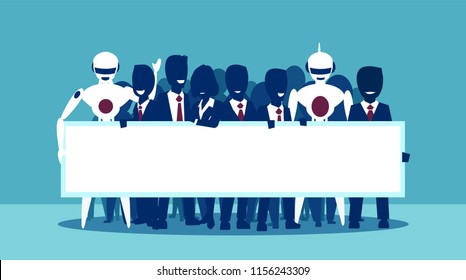 Vector of a group of businesspeople and robots holding blank white banner. Human business in robotic hands concept. Artificial intelligence and automation 