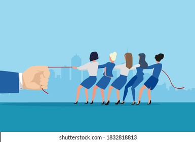 Vector of a group of businesswomen pulling a rope with a big businessman 