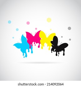 Vector group of butterfly colored cmyk print on white background.