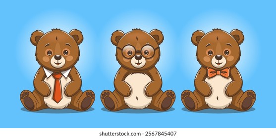 Vector group of cartoon sitting cute plush toys teddy bear in glasses and tie. Toon animals. Blue background.