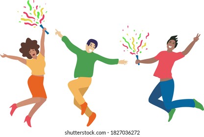 Vector group of cheerful jumping people. Happy group of men and woman jumping in the air cheerfully. Feeling and emotion concept. Concept of friends characters celebrating holiday isolated on white.