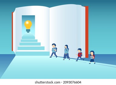 Vector of a group of children students standing in front of an opened book with idea light bulb inside 