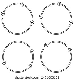 Vector group of circular arrows. Round repeat icons. Redo and reload symbol. Stock image.