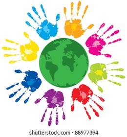 Vector with group of colored human hands and green planet on a white background