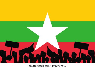 Vector - Group of crowd protester on Myanmar (Burma) flag background. Many fist or punch. Revolution, protest, strike concept. Copy space.