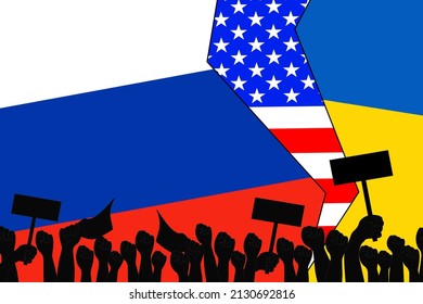 Vector - Group of crowd protester on Russian, America and Ukraine flag background. Many fist or punch. Revolution, protest, strike concept. Copy space.