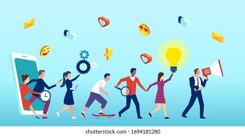 Vector de un grupo de clientes que salen del smartphone, plataforma de medios sociales que envía retroalimentación al producto promocionado 