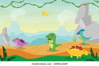 Vector group of cute dinosaurs with jurassic scene, tyrannosaurus kids an mountain scene