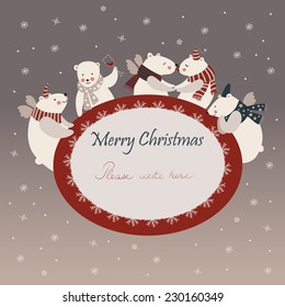 Vector group of cute polar bears friends celebrating Christmas