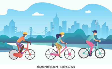 Vector Group of cyclists people wearing protection medical face mask and riding bikes in public park street. Protection from 2019-nCoV, COVID-19, SARS-CoV-2, coronavirus, virus, flu, air pollution.