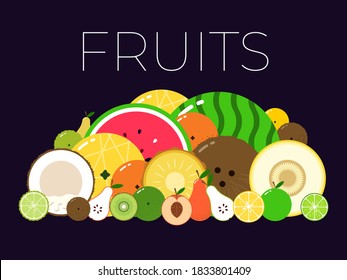 Vector of Group with different sorts of fruits with sliced halfs on dark background
