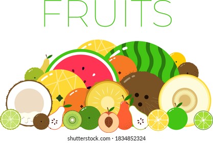 Vector of Group with different sorts of fruits with sliced halfs on white background