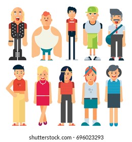 Vector group of different types of people including man and women standing on white background. Flat design people characters. Geometric people.