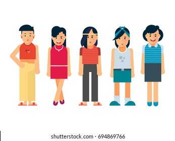 Vector group of different types of women standing on white background. Flat design people characters. Geometric people.