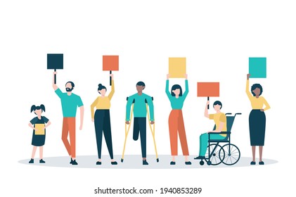 Vector of a group of diverse people holding placards, protesting, defending their rights 