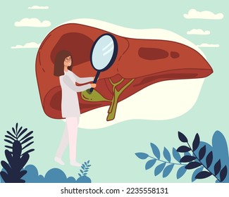 Vector de un grupo de médicos que examinan el hígado del paciente, realizando pruebas de laboratorio, biopsia, análisis molecular