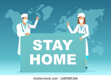 Vector of a group of doctors medical staff wearing surgical masks and holding message board asking people to stay home 