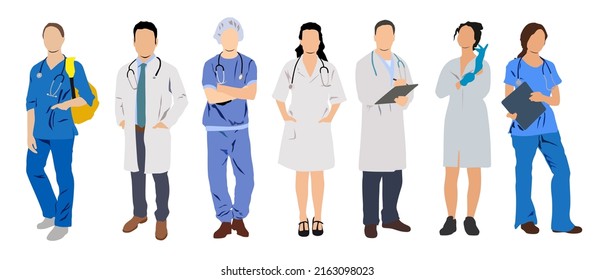 vector of group of doctors and nurses standing in a row