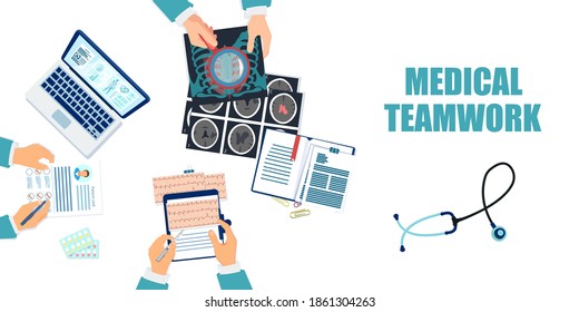 Vector of a group of doctors working at desk as a team on patient diagnosis and treatment 