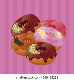 Vector Group Of Donuts On A Pink Striped Background