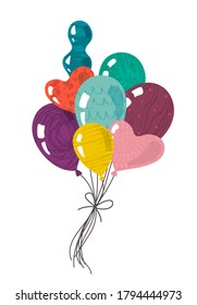 Vector group of doodle balloons with hand drawn texture. Festive holiday or Birthday illustration for kids design, greeting card, invitation