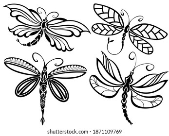 Vector group of dragonfly sketch on white background