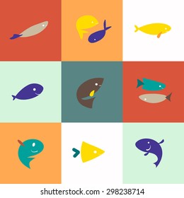 Vector group of flat fish icons. Logo design elements.