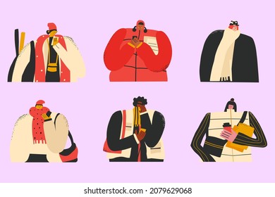 vector group of flat people up to the waist.Urban street style.Multi raced fashion influencers.Megapolis in winter and warm clothes. Generation Z avatars.New york characters with coffee and smartphone