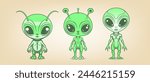 Vector group of funny cute cartoon greenish aliens. Collection of stickers of extraterrestrial creatures. Little green men.