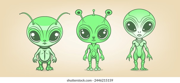 Vector group of funny cute cartoon greenish aliens. Collection of stickers of extraterrestrial creatures. Little green men.
