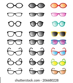 Vector group of an glasses and sunglasses on white background.