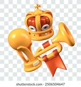 Vector group of gold prizes for online game. Realistic crown, ball on stand, trumpet with flag