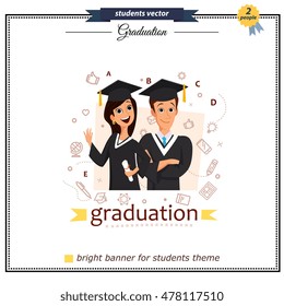 Vector group of graduation students isolated on a white background. Concept of education. Cute and simple flat cartoon style. Young guys and girls. Students characters. People in academic cap and gown