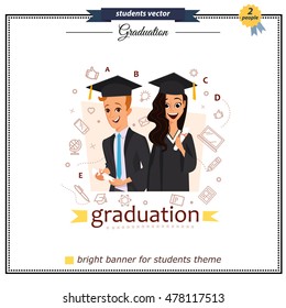 Vector group of graduation students isolated on a white background. Concept of education. Cute and simple flat cartoon style. Young guys and girls. Students characters. People in academic cap and gown